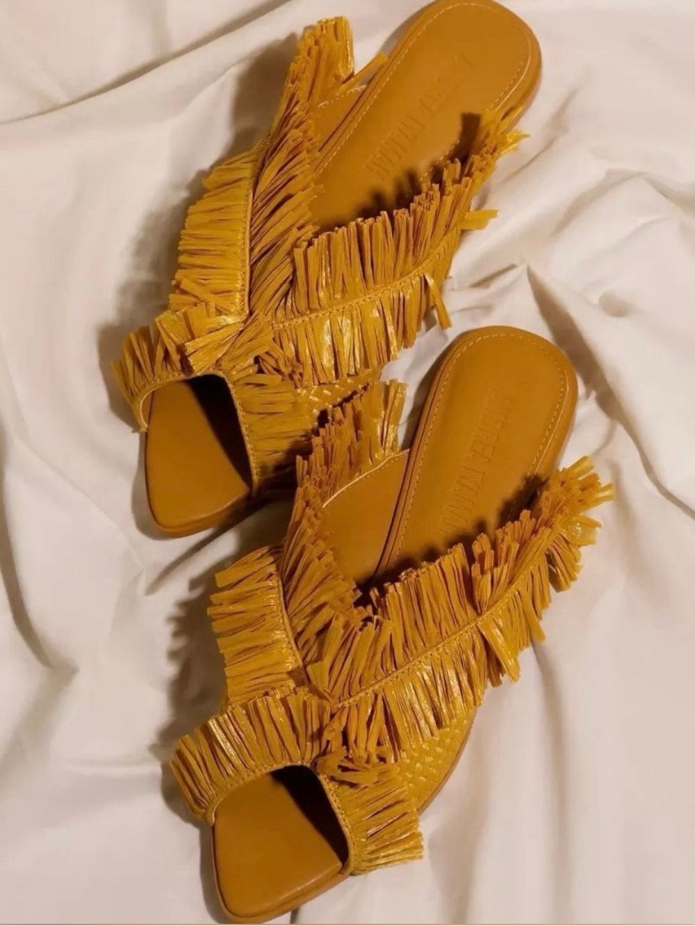 NWOT Andrea Iyamah Mustard Fringe Slide Sandals
